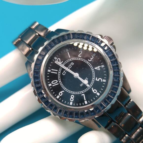 Chico’s Gunmetal Blue Rhinestone Boyfriend Watch Black Face 7 Inch Quartz - Picture 2 of 5